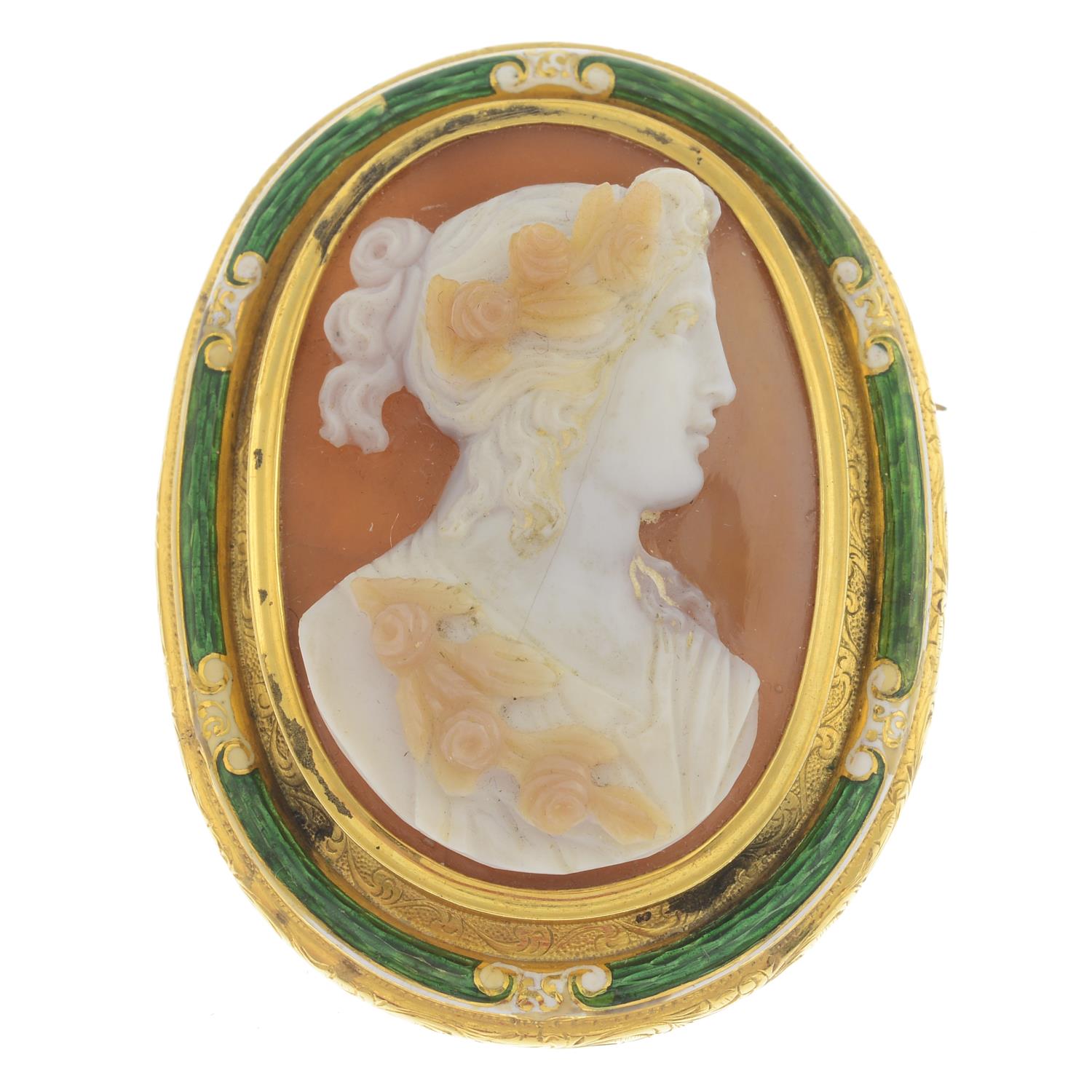 An 18ct gold agate cameo and enamel brooch.Length 5.9cms.