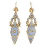 A pair of mid Victorian gold, blue enamel and split pearl earrings, circa 1860.Length 5.1cms.