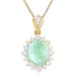 An emerald cabochon and diamond cluster pendant,