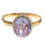 A late 19th century 18ct gold, enamel and split pearl hinged bangle.
