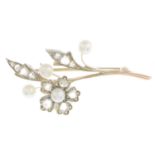 A cultured pearl and rose-cut diamond floral brooch.