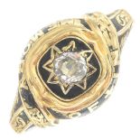 An early Victorian 18ct gold old-cut diamond and black enamel memorial ring.