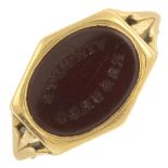 An early 20th century18ct gold carnelian seal engraved memorial ring.Stamped 18CT.Approximate ring