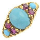 A turquoise and ruby dress ring.Ring size N.