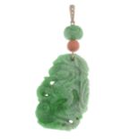 A jade, coral and diamond pendant.Length 7cms.