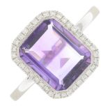 An 18ct gold amethyst and diamond dress ring.Amethyst calculated weight 2.42cts,