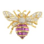 A ruby and diamond bee brooch.Estimated total diamond weight 0.30ct.