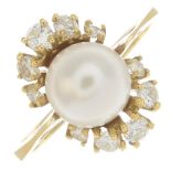 A 14ct gold cultured pearl and diamond cluster ring.