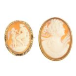 Four 20th century shell cameo brooches.Two stamped 9ct.Length 2.8 to 4.8cms.