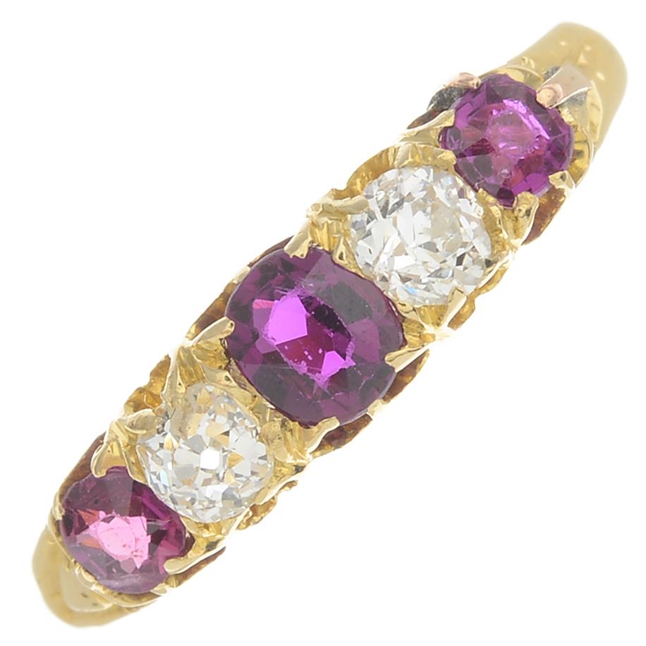 An early 20th century 18ct gold ruby and diamond five-stone ring.