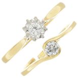 Two 18ct gold diamond single-stone rings.One AF.Estimated total diamond weight 0.25ct,