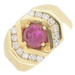 A ruby and diamond dress ring.Ruby weight 0.79ct,