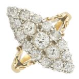 An early 20th century 18ct gold diamond cluster ring.Estimated total diamond weight 1.50cts,