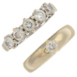 An 18ct gold diamond five-stone ring and an 18ct gold diamond single-stone ring.Estimated total