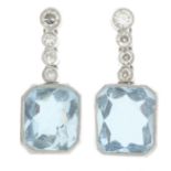 A pair of aquamarine and diamond drop earrings.Total aquamarine weight 2.14cts.Estimated total