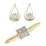 A 9ct gold diamond dress ring and a pair of 18ct gold diamond earrings.Estimated total diamond