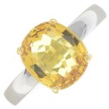 An 18ct gold yellow sapphire single-stone ring.Sapphire calculated weight 3.35cts,