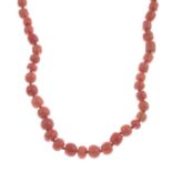 A coral bead necklace.Measuring approximately 9 to 4mms.Length 76cms.Coral untested.