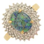 A 9ct gold opal triplet and diamond cluster ring.Estimated total diamond weight 0.50ct.Hallmarks