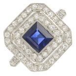 A sapphire and diamond cluster ring.Sapphire calculated weight 1ct,