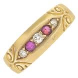 A late Victorian 18ct gold ruby and diamond ring.Estimated total diamond weight 0.15ct.Hallmarks