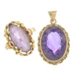 Five diamond and gem-set rings and a 9ct gold amethyst pendant.Four with hallmarks for 9ct gold.