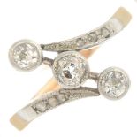 A mid 20th century diamond three-stone ring.Estimated principal diamond weight 0.35ct,