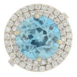 A blue zircon and brilliant-cut diamond dress ring.Zircon calculated weight 7.92cts,