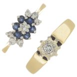 Three 9ct gold diamond and gem-set rings,