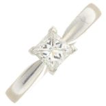 A platinum single-stone ring, set with square-shape diamond weighing 0.51ct.