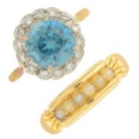 A late Victorian 18ct gold split pearl ring and a mid 20th century zircon and diamond cluster