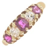 A late Victorian 18ct gold ruby and old-cut diamond five-stone ring.Principal ruby calculated
