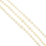 Two three-row cultured pearl necklaces with marcasite push-piece clasps,
