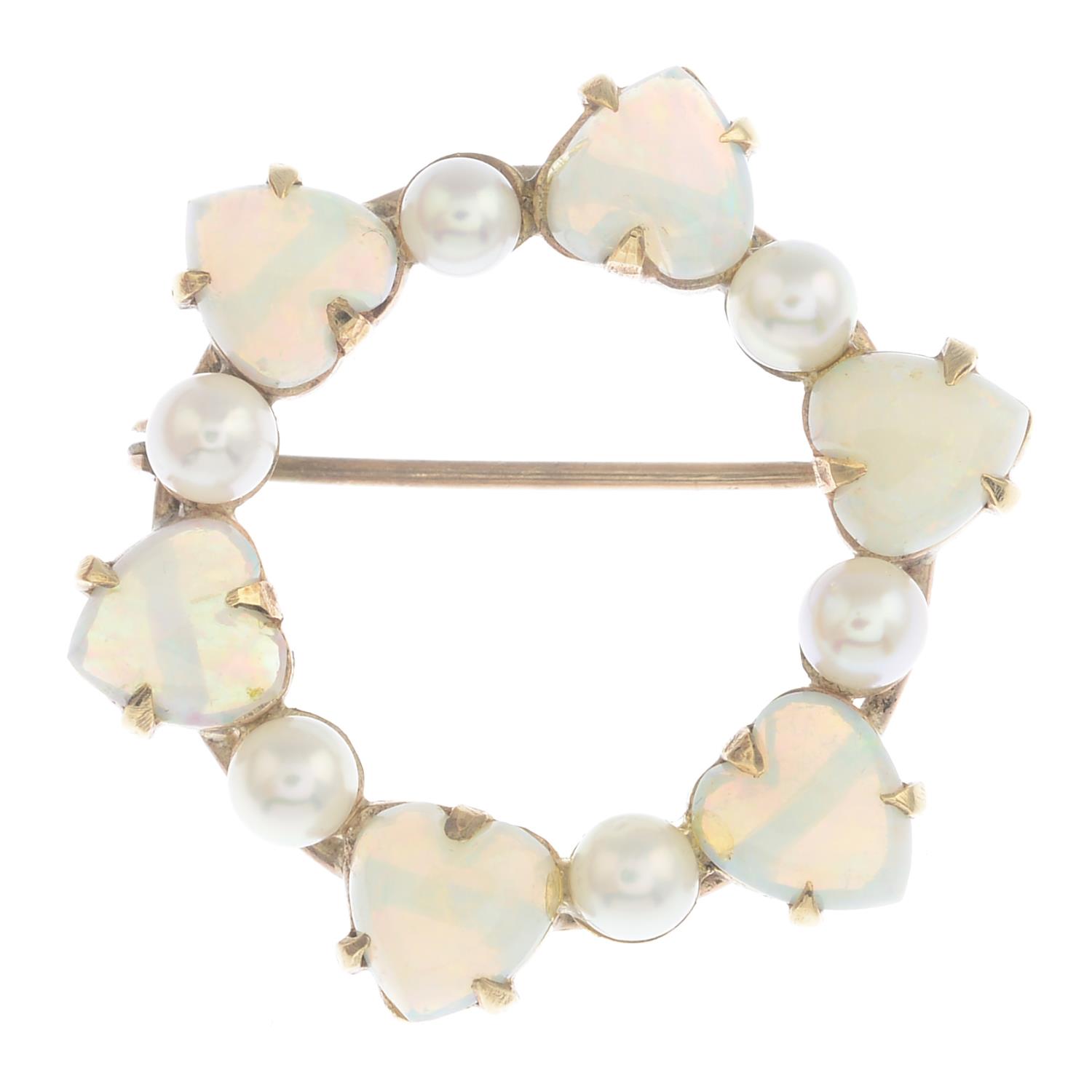 An opal and cultured pearl wreath brooch.