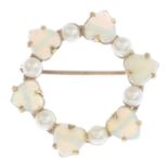 An opal and cultured pearl wreath brooch.