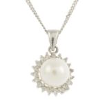 An 18ct gold cultured pearl and diamond cluster pendant,