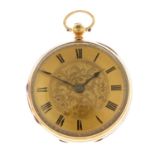 An open face pocket watch. 18ct yellow gold case, hallmarked London 1856. Unsigned key wind fusee