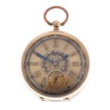 An open face pocket watch. Yellow metal case, stamped 14C. Unsigned key wind three quarter plate