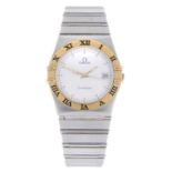 OMEGA - a gentleman's Constellation bracelet watch. Stainless steel case with yellow metal chapter