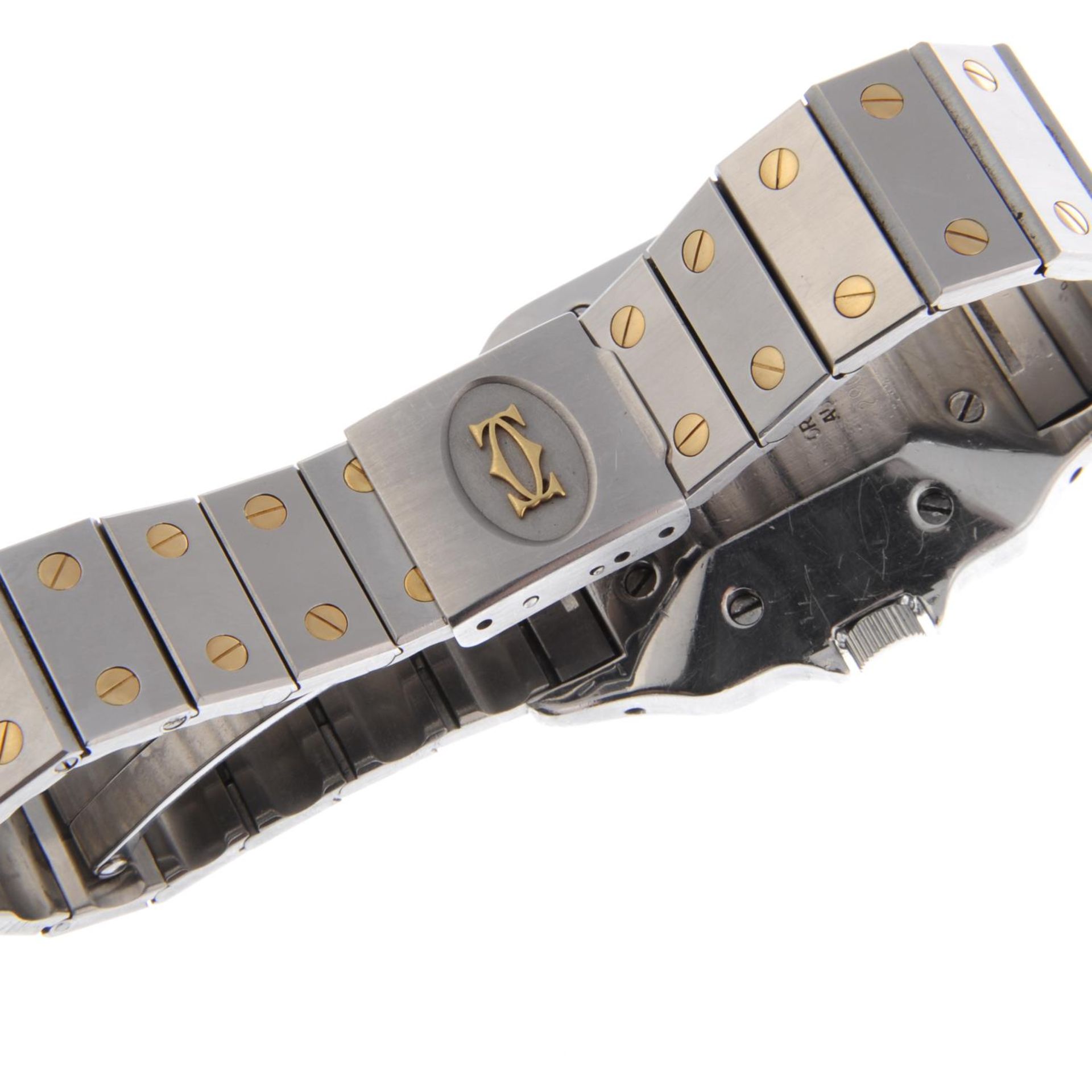 CARTIER - a mid-size Santos bracelet watch. Stainless steel case with yellow metal bezel. Numbered - Image 2 of 5