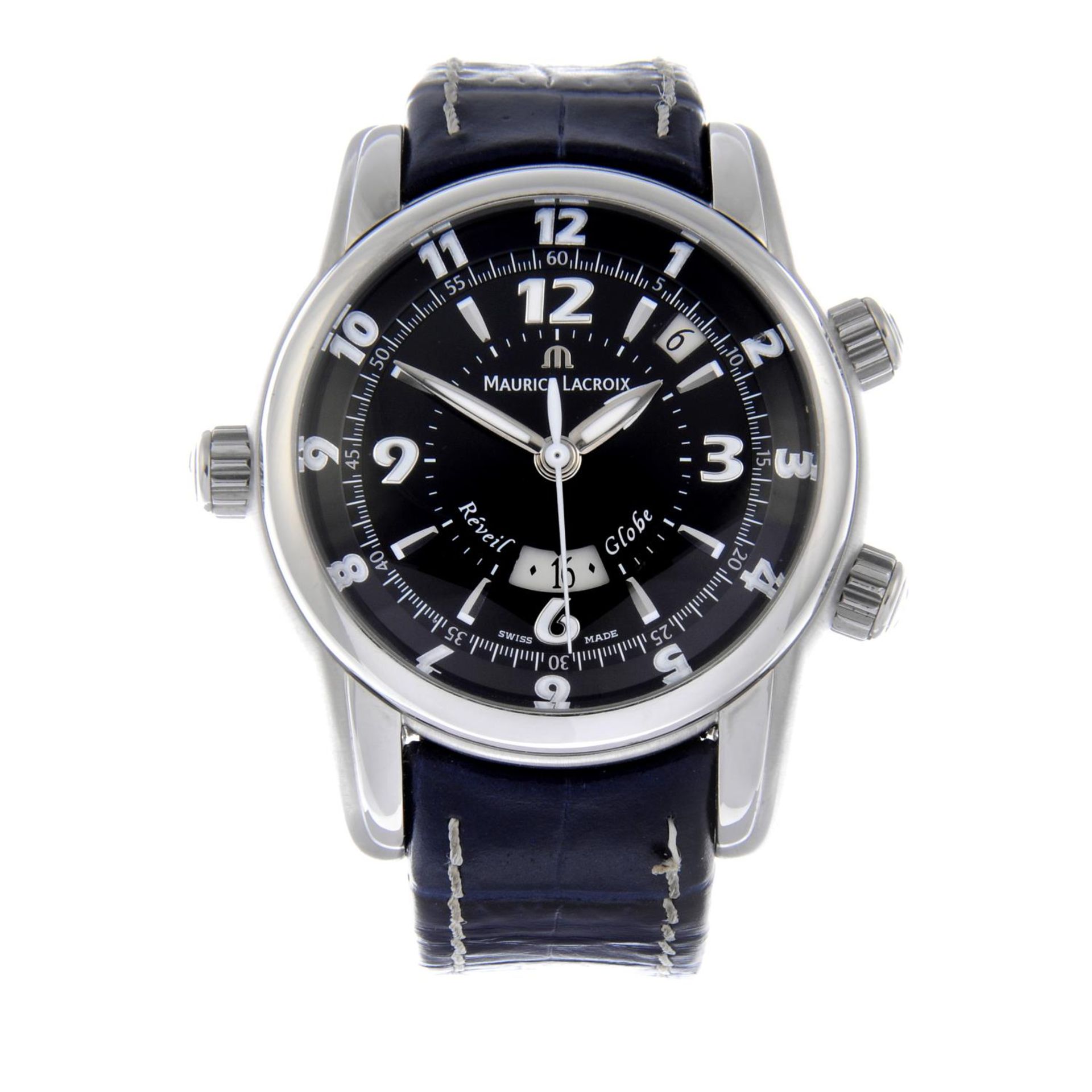 MAURICE LACROIX - a gentleman's Réveil Globe wrist watch. Stainless steel case with exhibition
