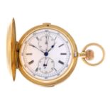 A full hunter minute repeater chronograph pocket watch. Yellow metal case, stamped 18C 0.755 with