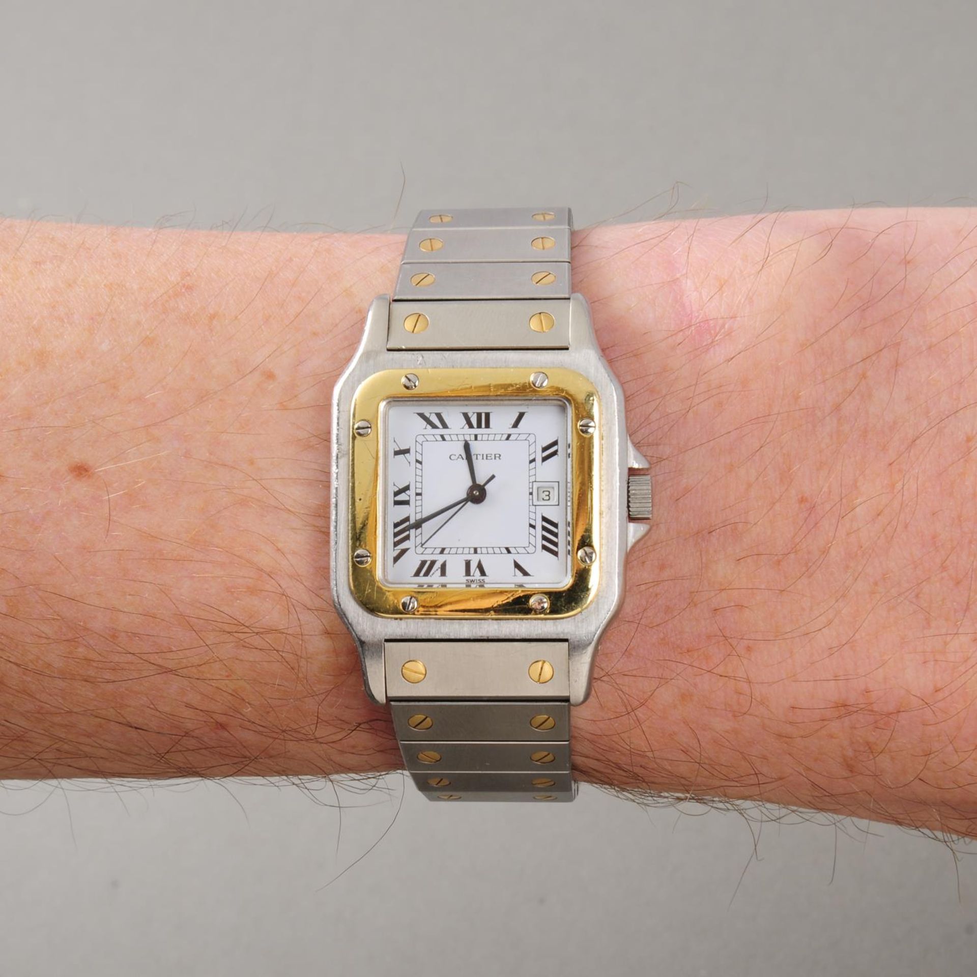 CARTIER - a mid-size Santos bracelet watch. Stainless steel case with yellow metal bezel. Numbered - Image 3 of 5