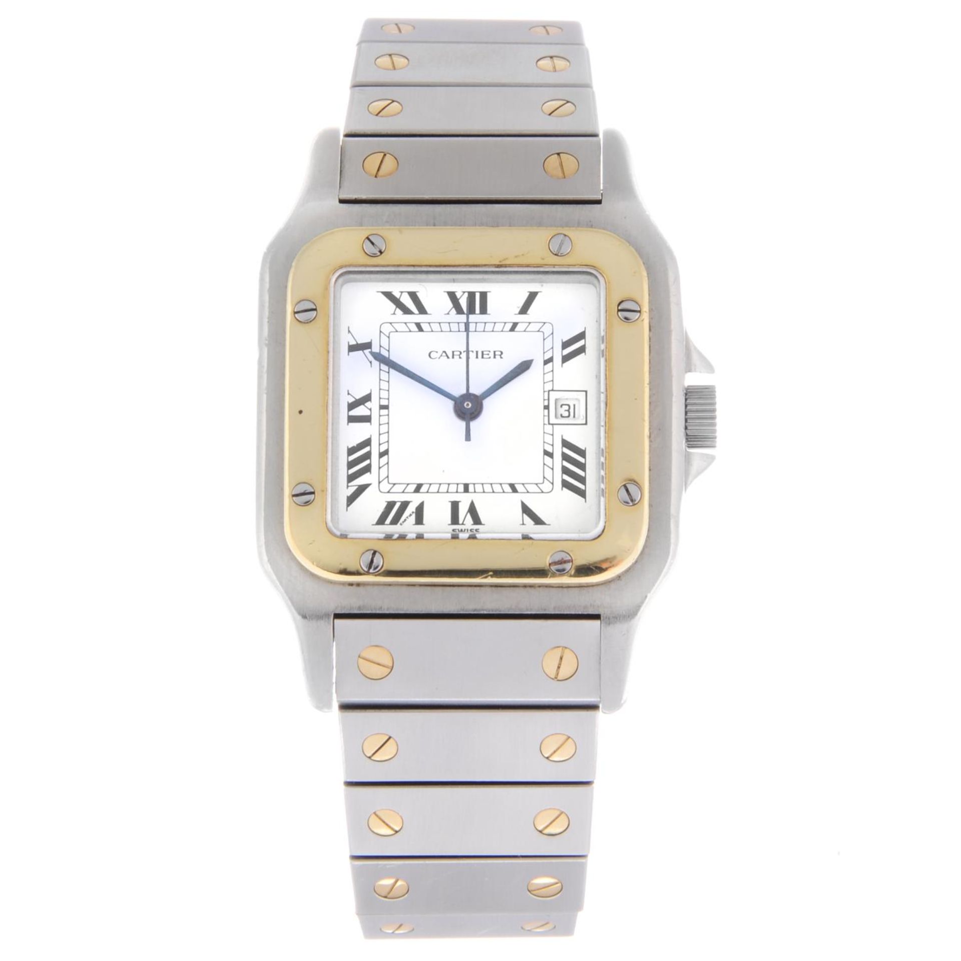 CARTIER - a mid-size Santos bracelet watch. Stainless steel case with yellow metal bezel. Numbered