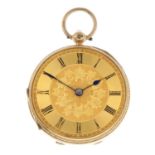 An open face pocket watch. 18ct yellow gold case, hallmarked London 1886. Unsigned key wind full