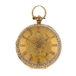 An open face fob watch. 18ct yellow gold case, hallmarked London 1849. Unsigned key wind full