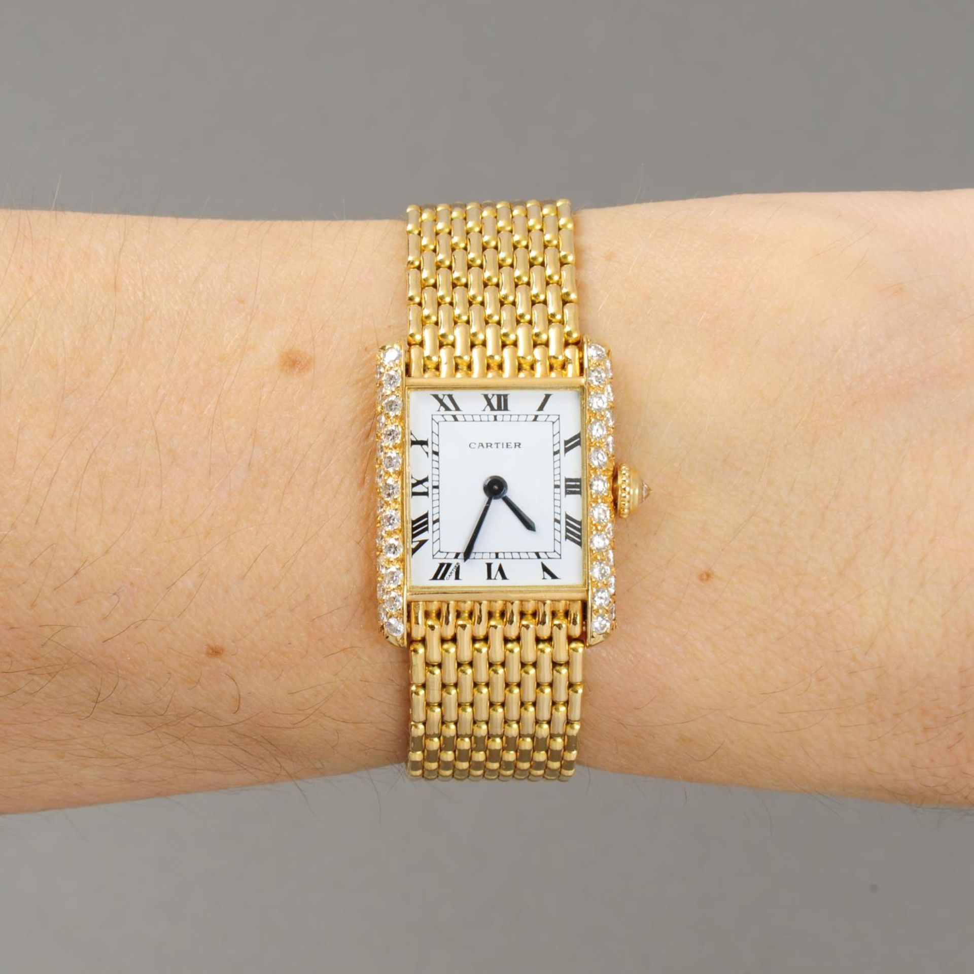 CARTIER - a lady's Tank Louis bracelet watch. 18ct yellow gold diamond set case with engraved case - Image 3 of 5