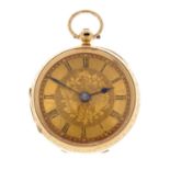 An open face fob watch. 18ct yellow gold case, hallmarked Chester 1895. Unsigned key wind full plate