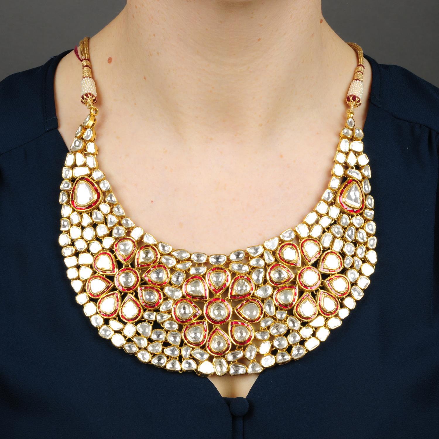 A foil-back diamond and enamel cluster necklace, with woven cord and bead back-chain. - Image 3 of 4