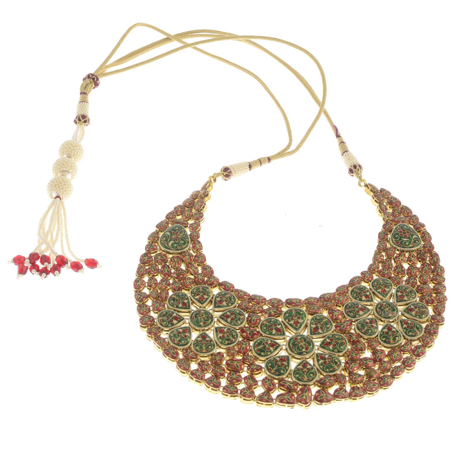 A foil-back diamond and enamel cluster necklace, with woven cord and bead back-chain. - Image 4 of 4